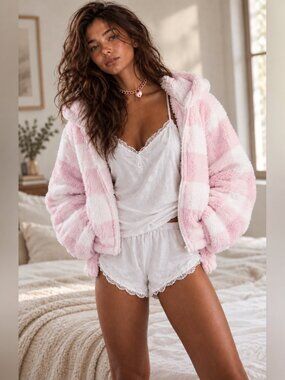 New Boohoo Pink and White Sherpa Teddy Fleece Checkered Zip Jacket Hoodie ONLY